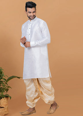 2 Pc White Dupion Silk Kurta And Dhoti Set - Indian Silk House Agencies