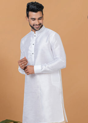 2 Pc White Dupion Silk Kurta And Dhoti Set - Indian Silk House Agencies