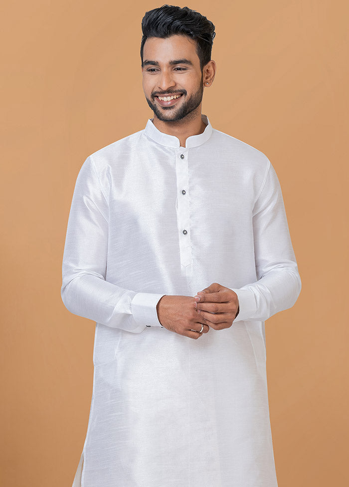 2 Pc White Dupion Silk Kurta And Dhoti Set