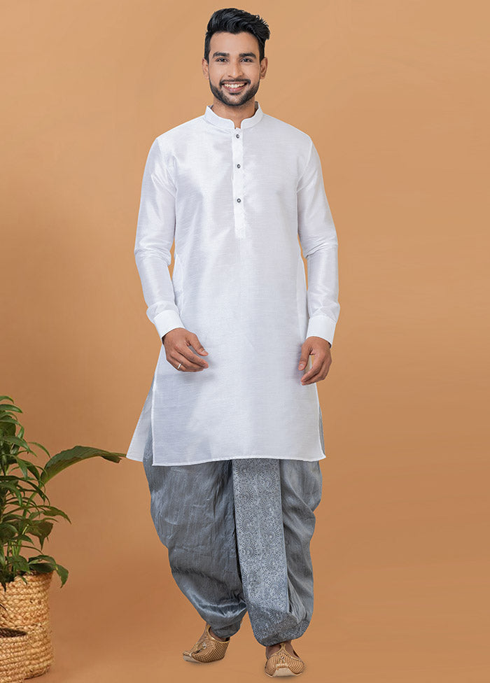 2 Pc White Dupion Silk Kurta And Dhoti Set - Indian Silk House Agencies