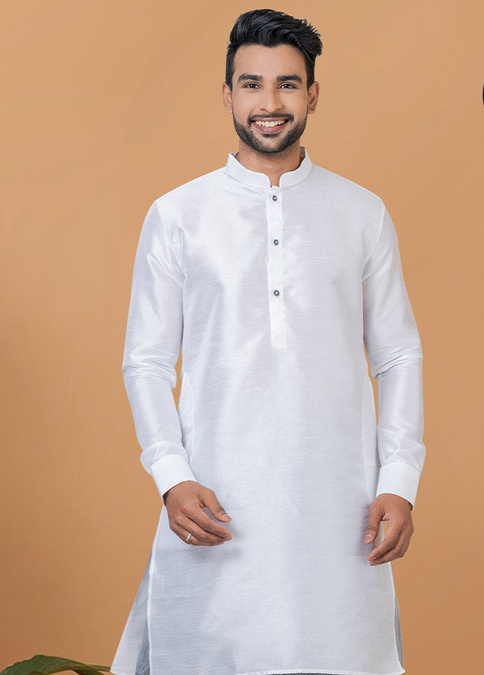 2 Pc White Dupion Silk Kurta And Dhoti Set - Indian Silk House Agencies