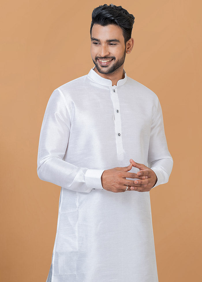 2 Pc White Dupion Silk Kurta And Dhoti Set