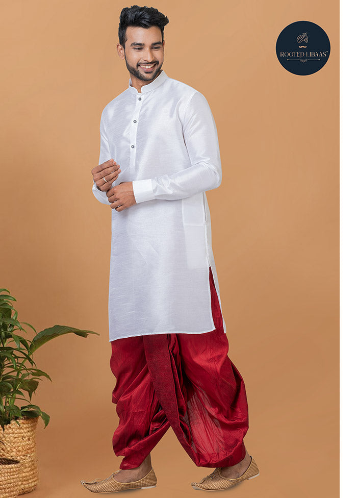 2 Pc White Dupion Silk Kurta And Dhoti Set