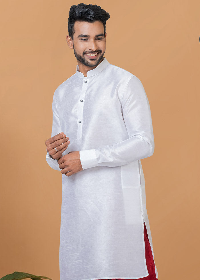 2 Pc White Dupion Silk Kurta And Dhoti Set - Indian Silk House Agencies