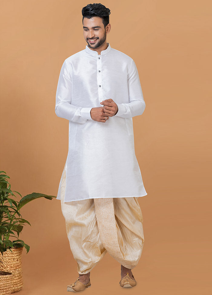 2 Pc White Dupion Silk Kurta And Dhoti Set - Indian Silk House Agencies