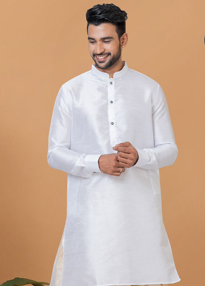 2 Pc White Dupion Silk Kurta And Dhoti Set - Indian Silk House Agencies