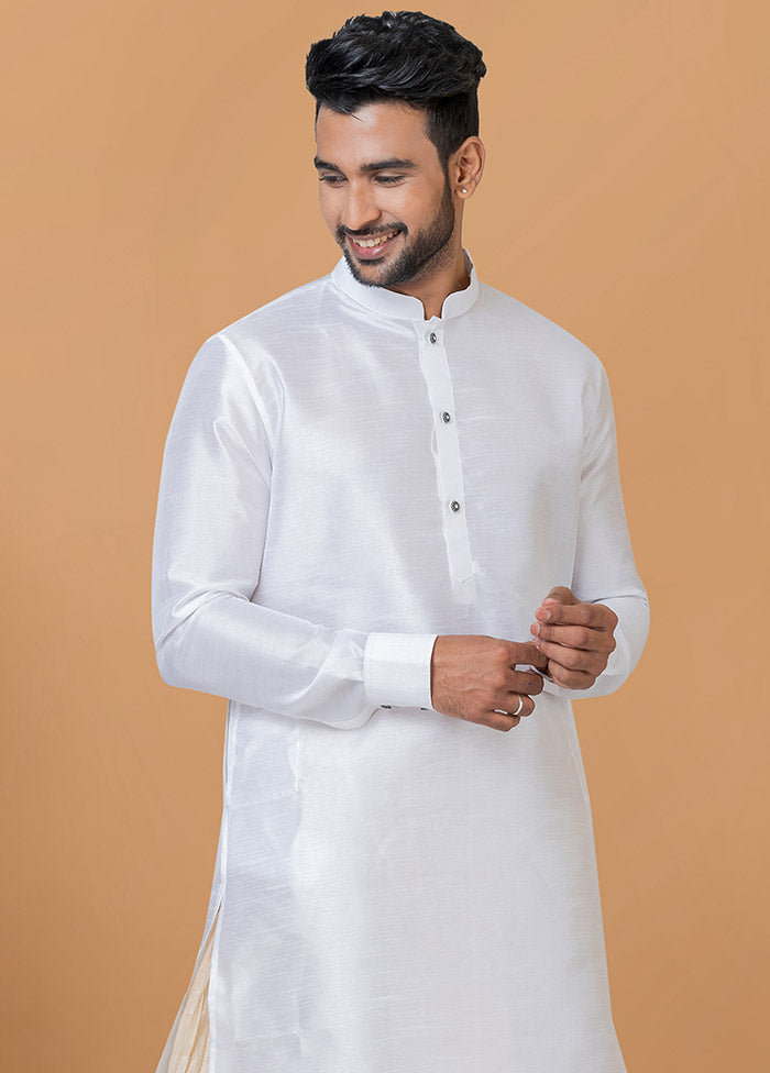 2 Pc White Dupion Silk Kurta And Dhoti Set - Indian Silk House Agencies