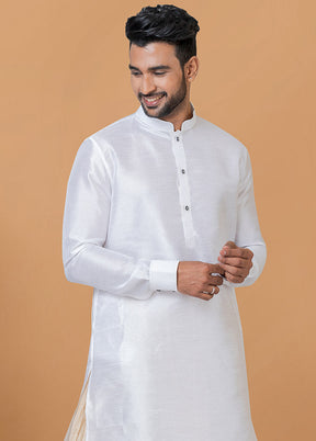 2 Pc White Dupion Silk Kurta And Dhoti Set