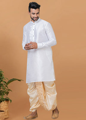 2 Pc White Dupion Silk Kurta And Dhoti Set - Indian Silk House Agencies