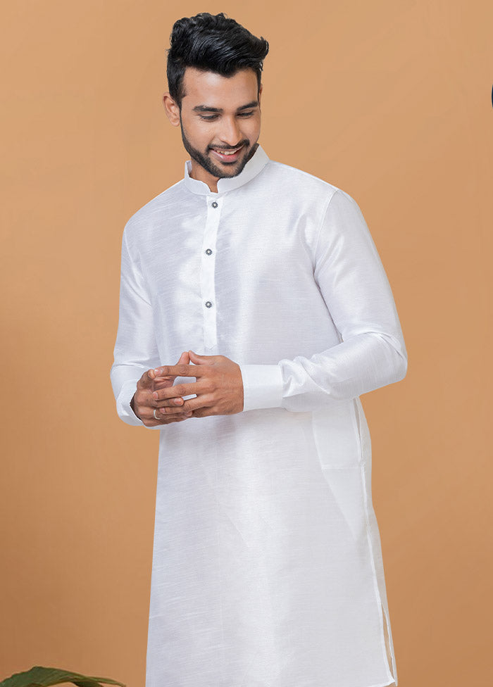 2 Pc White Dupion Silk Kurta And Dhoti Set - Indian Silk House Agencies