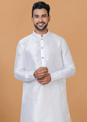 2 Pc White Dupion Silk Kurta And Dhoti Set