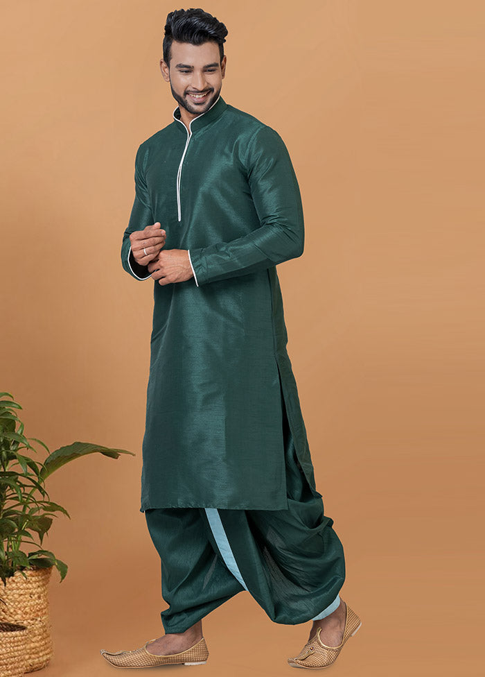 2 Pc Green Dupion Silk Kurta And Dhoti Set - Indian Silk House Agencies