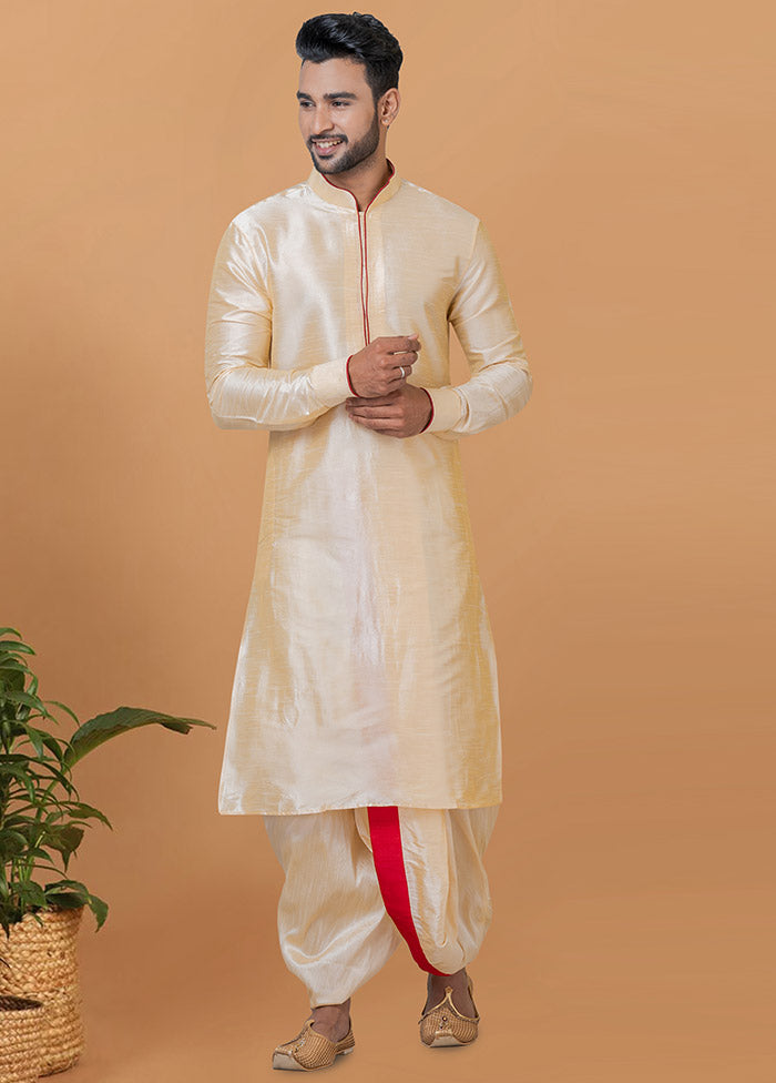 2 Pc Gold Dupion Silk Kurta And Dhoti Set - Indian Silk House Agencies