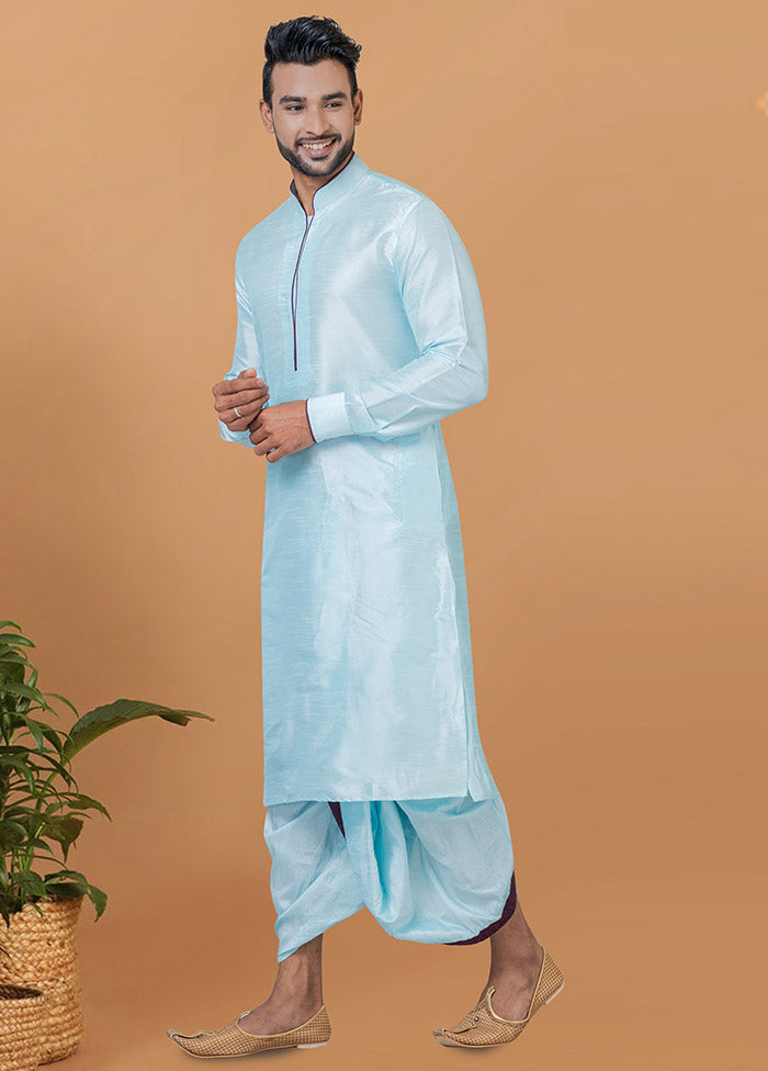 2 Pc Sky Blue Dupion Silk Kurta And Dhoti Set