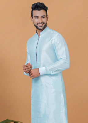 2 Pc Sky Blue Dupion Silk Kurta And Dhoti Set