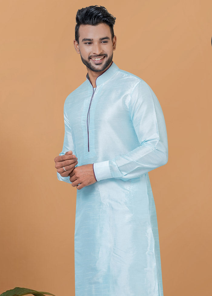 2 Pc Sky Blue Dupion Silk Kurta And Dhoti Set - Indian Silk House Agencies