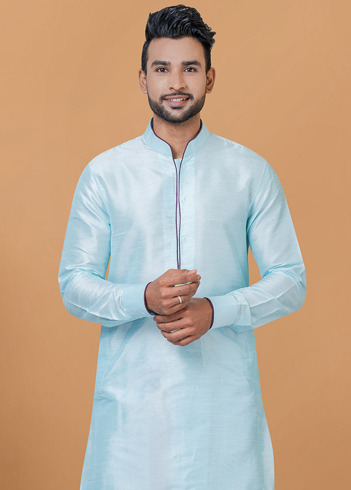 2 Pc Sky Blue Dupion Silk Kurta And Dhoti Set