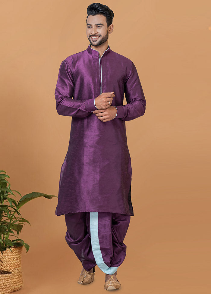 2 Pc Purple Dupion Silk Kurta And Dhoti Set