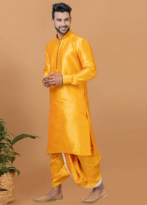 2 Pc Yellow Dupion Silk Kurta And Dhoti Set