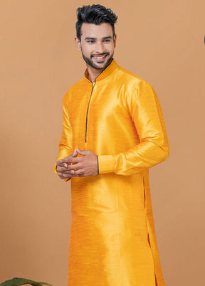 2 Pc Yellow Dupion Silk Kurta And Dhoti Set