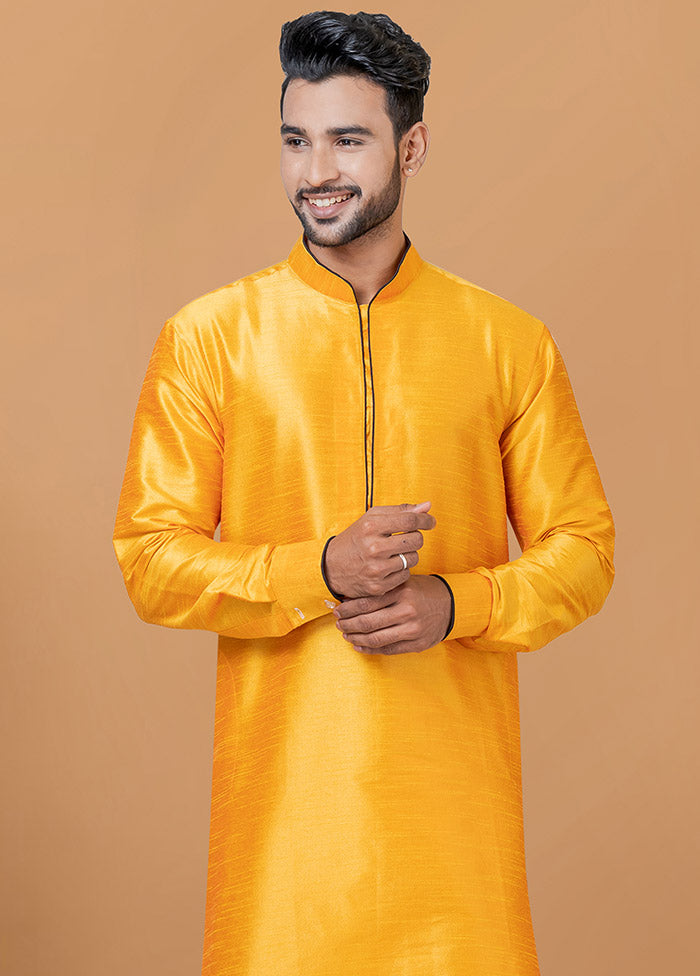 2 Pc Yellow Dupion Silk Kurta And Dhoti Set