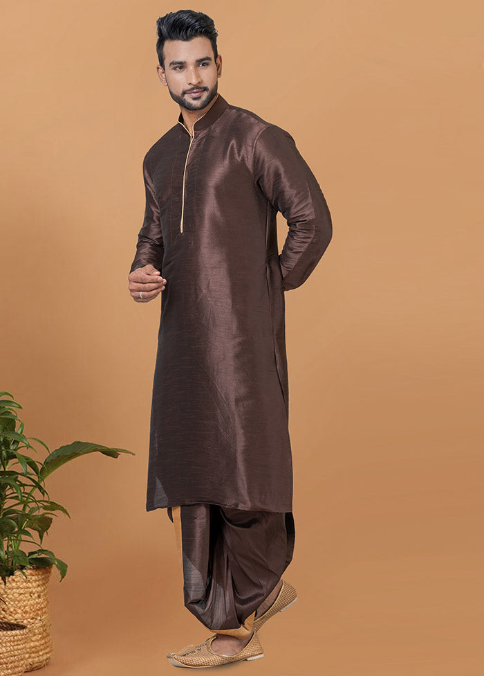 2 Pc Coffee Dupion Silk Kurta And Dhoti Set - Indian Silk House Agencies