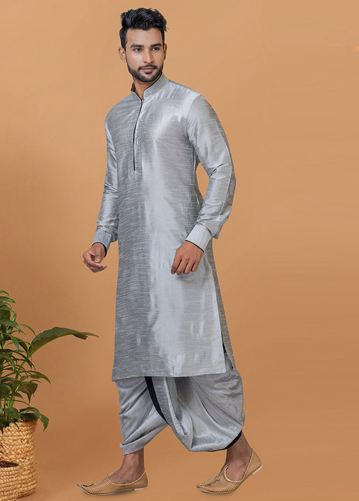 2 Pc Grey Dupion Silk Kurta And Dhoti Set - Indian Silk House Agencies