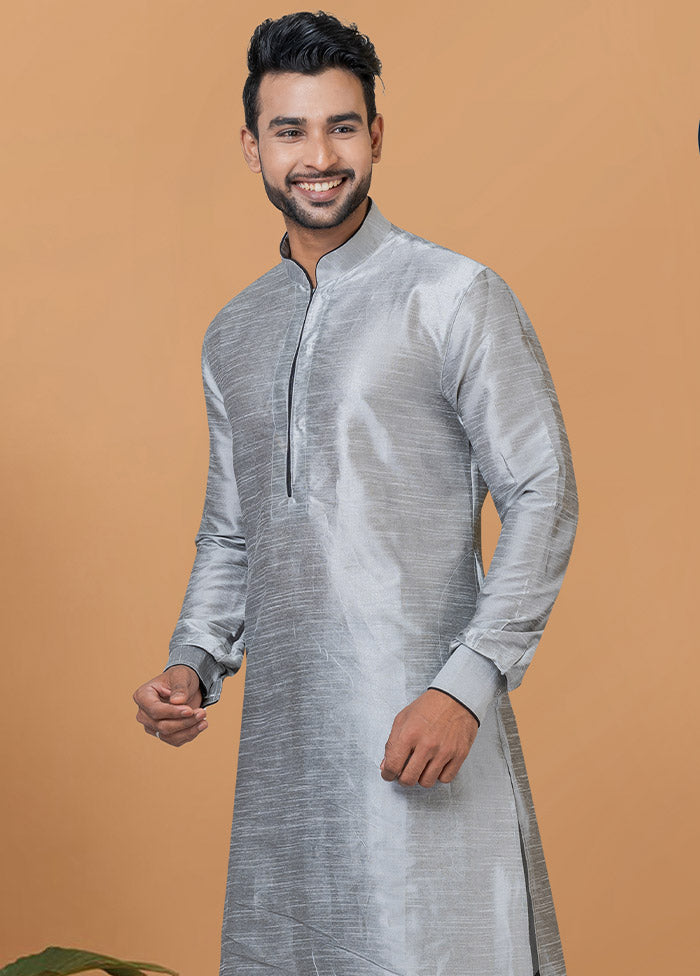 2 Pc Grey Dupion Silk Kurta And Dhoti Set - Indian Silk House Agencies