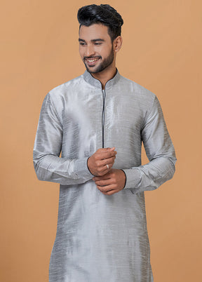 2 Pc Grey Dupion Silk Kurta And Dhoti Set - Indian Silk House Agencies