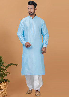 2 Pc Sky Blue Dupion Silk Kurta And Dhoti Set