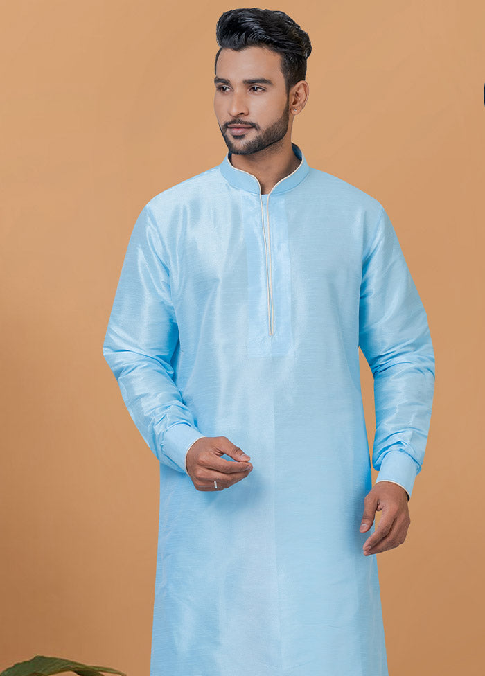 2 Pc Sky Blue Dupion Silk Kurta And Dhoti Set