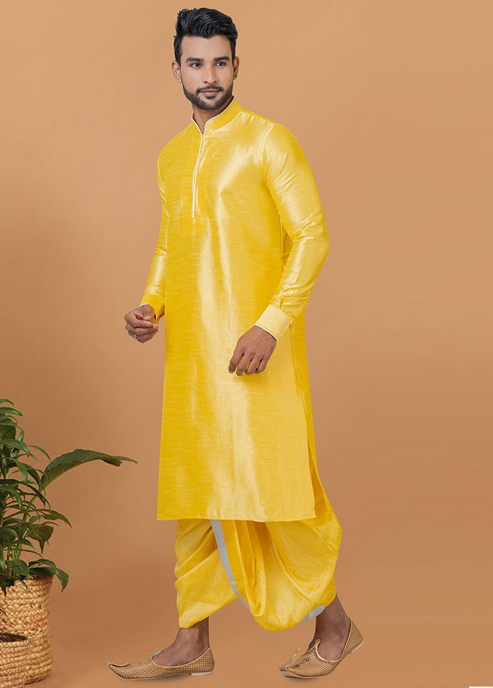 2 Pc Yellow Dupion Silk Kurta And Dhoti Set