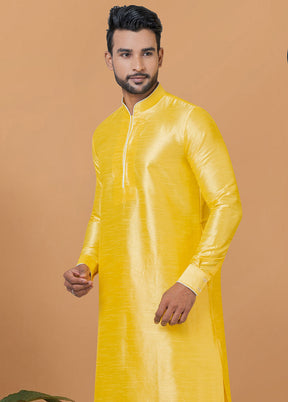 2 Pc Yellow Dupion Silk Kurta And Dhoti Set - Indian Silk House Agencies