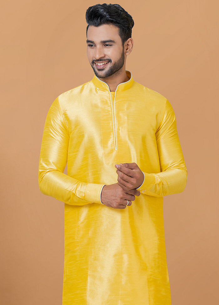 2 Pc Yellow Dupion Silk Kurta And Dhoti Set