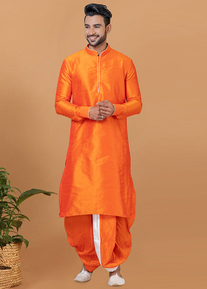 2 Pc Orange Dupion Silk Kurta And Dhoti Set