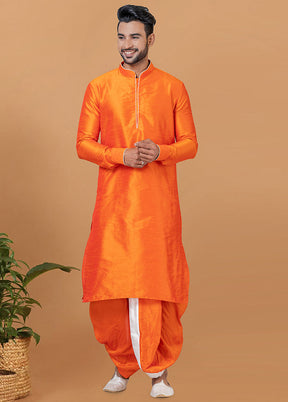 2 Pc Orange Dupion Silk Kurta And Dhoti Set - Indian Silk House Agencies