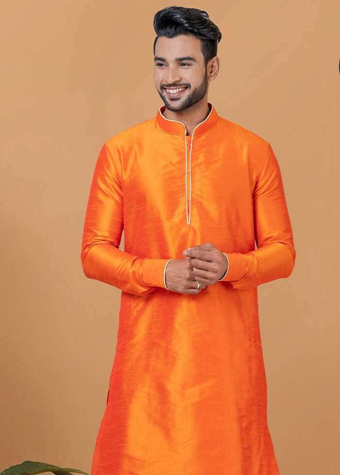 2 Pc Orange Dupion Silk Kurta And Dhoti Set