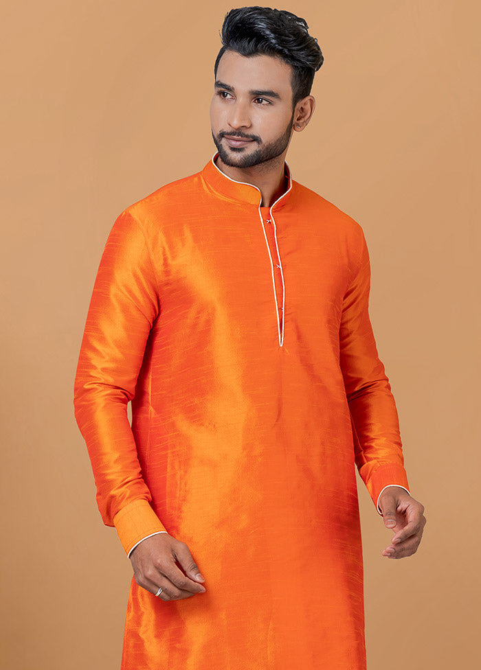 2 Pc Orange Dupion Silk Kurta And Dhoti Set