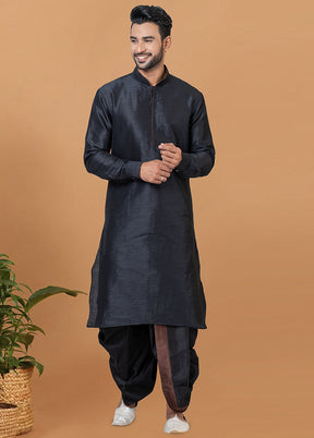 2 Pc Black Dupion Silk Kurta And Dhoti Set - Indian Silk House Agencies