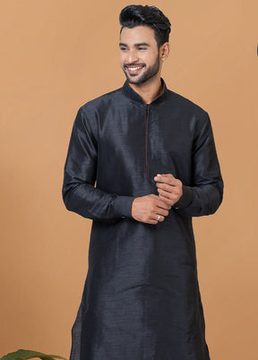 2 Pc Black Dupion Silk Kurta And Dhoti Set