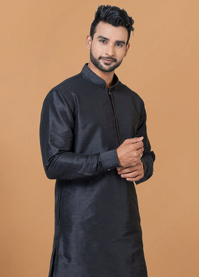 2 Pc Black Dupion Silk Kurta And Dhoti Set