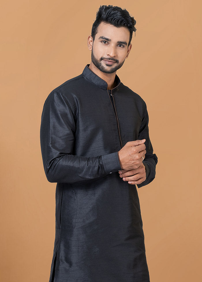 2 Pc Black Dupion Silk Kurta And Dhoti Set - Indian Silk House Agencies