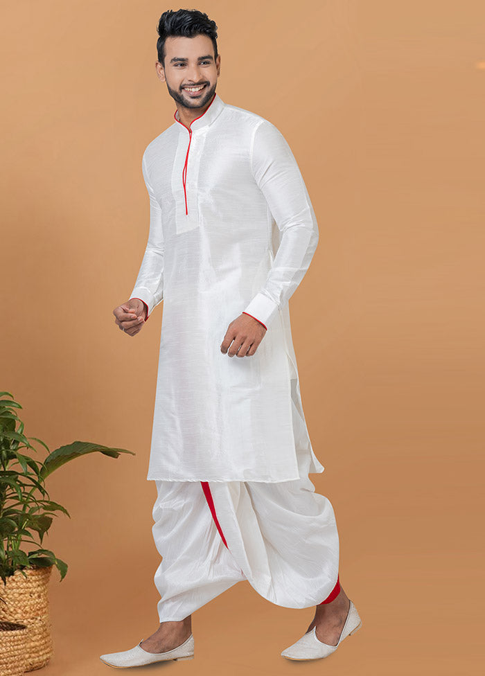 2 Pc White Dupion Silk Kurta And Dhoti Set