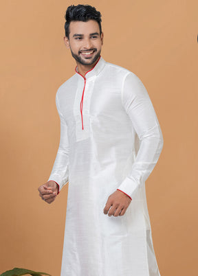 2 Pc White Dupion Silk Kurta And Dhoti Set - Indian Silk House Agencies