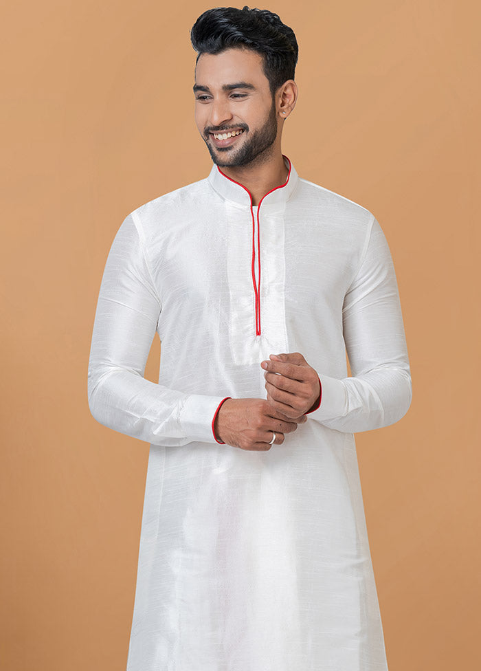 2 Pc White Dupion Silk Kurta And Dhoti Set - Indian Silk House Agencies