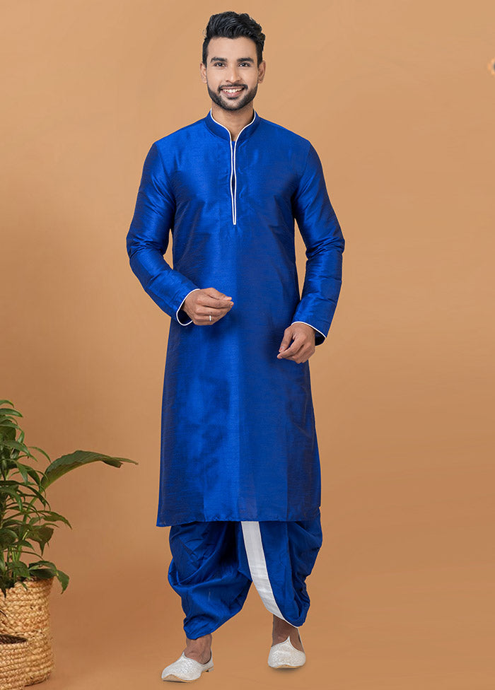 2 Pc Royal Blue Dupion Silk Kurta And Dhoti Set