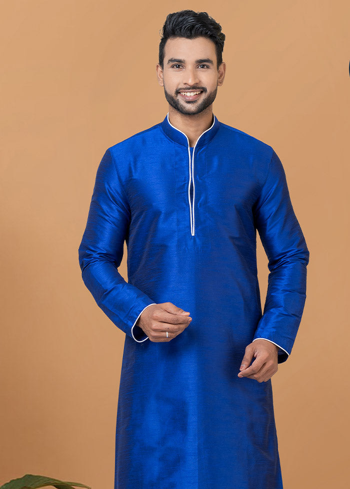 2 Pc Royal Blue Dupion Silk Kurta And Dhoti Set