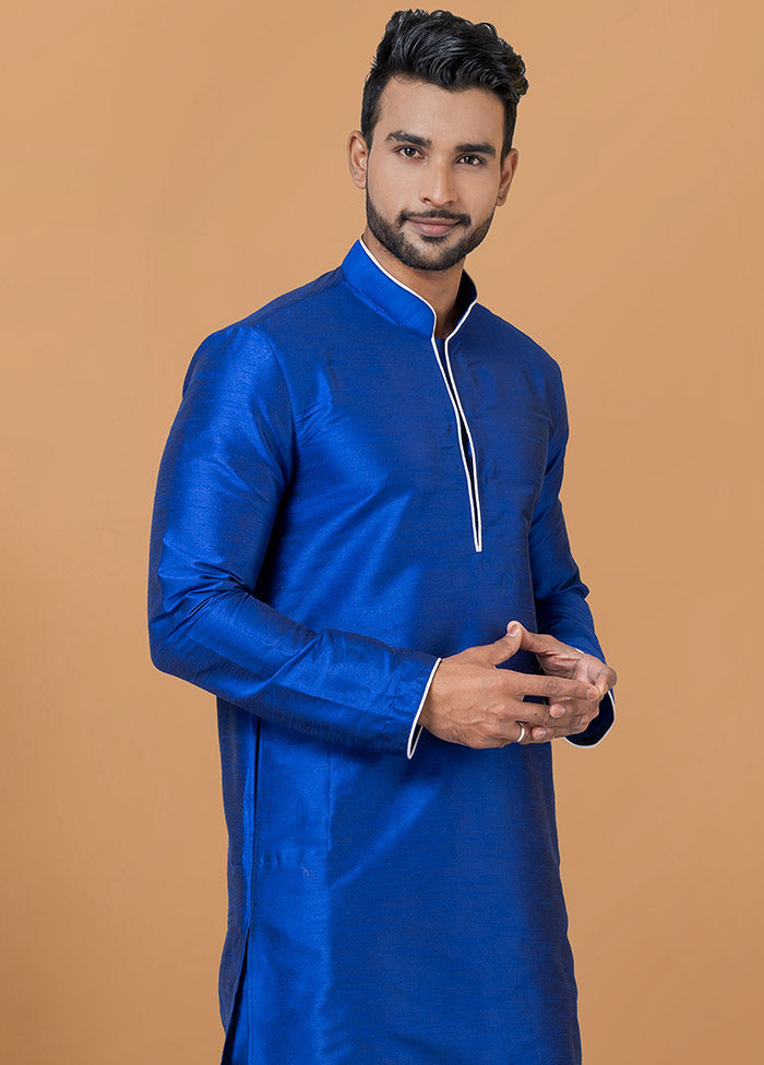 2 Pc Royal Blue Dupion Silk Kurta And Dhoti Set