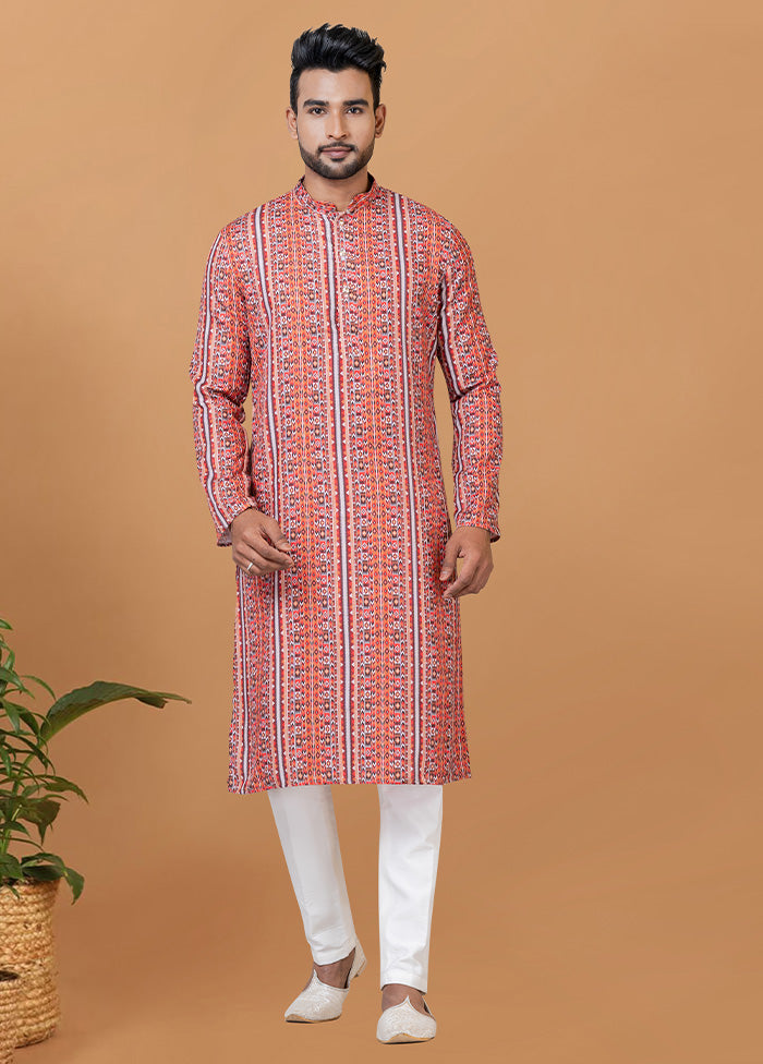 2 Pc Peach Cotton Kurta Pajama Set