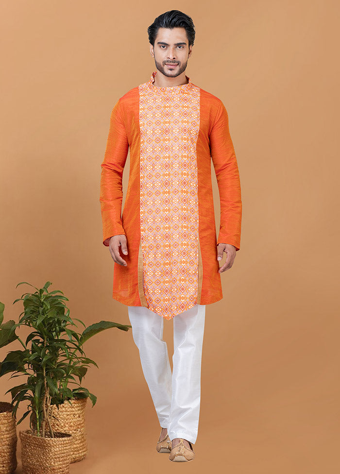 2 Pc Orange Silk Kurta Pajama Set - Indian Silk House Agencies